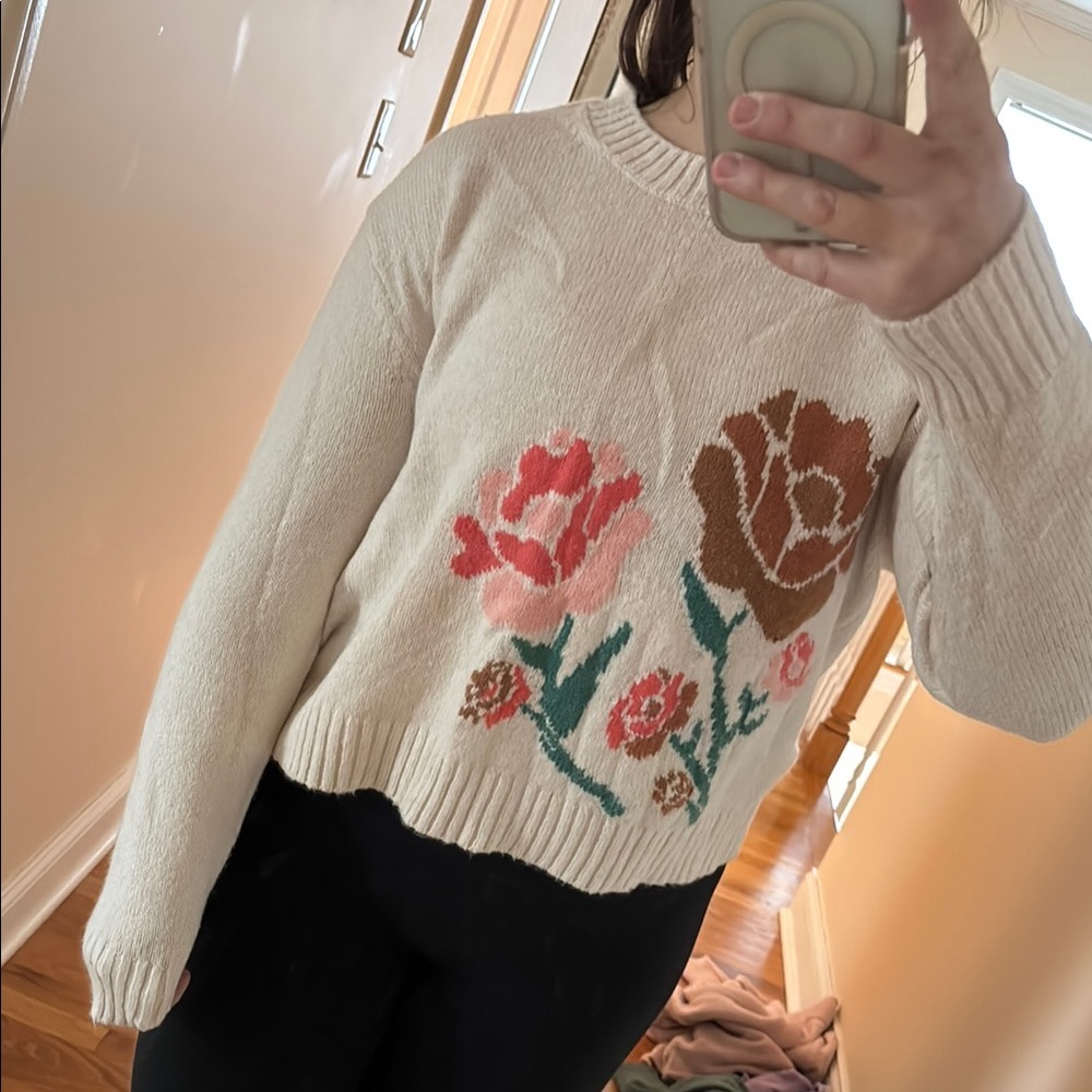 Floral Knit Sweater - Cream with Pink and Brown Accents